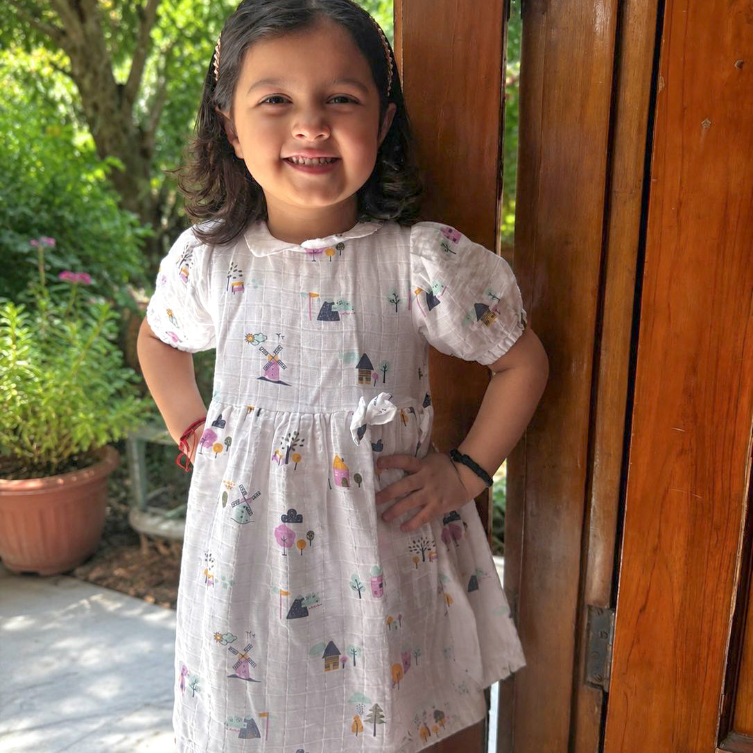Farmyard Tales - Half Sleeve Puff Muslin Cotton Frock with Bow (0m to 5years)