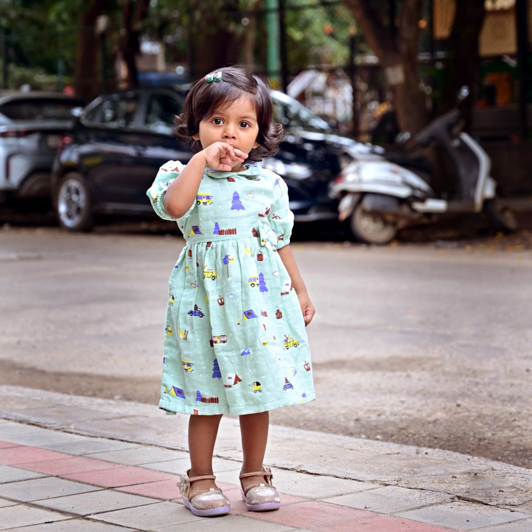 Snowy Village Tales - Half Sleeve Puff Muslin Cotton Frock with Bow (0m to 5 years)