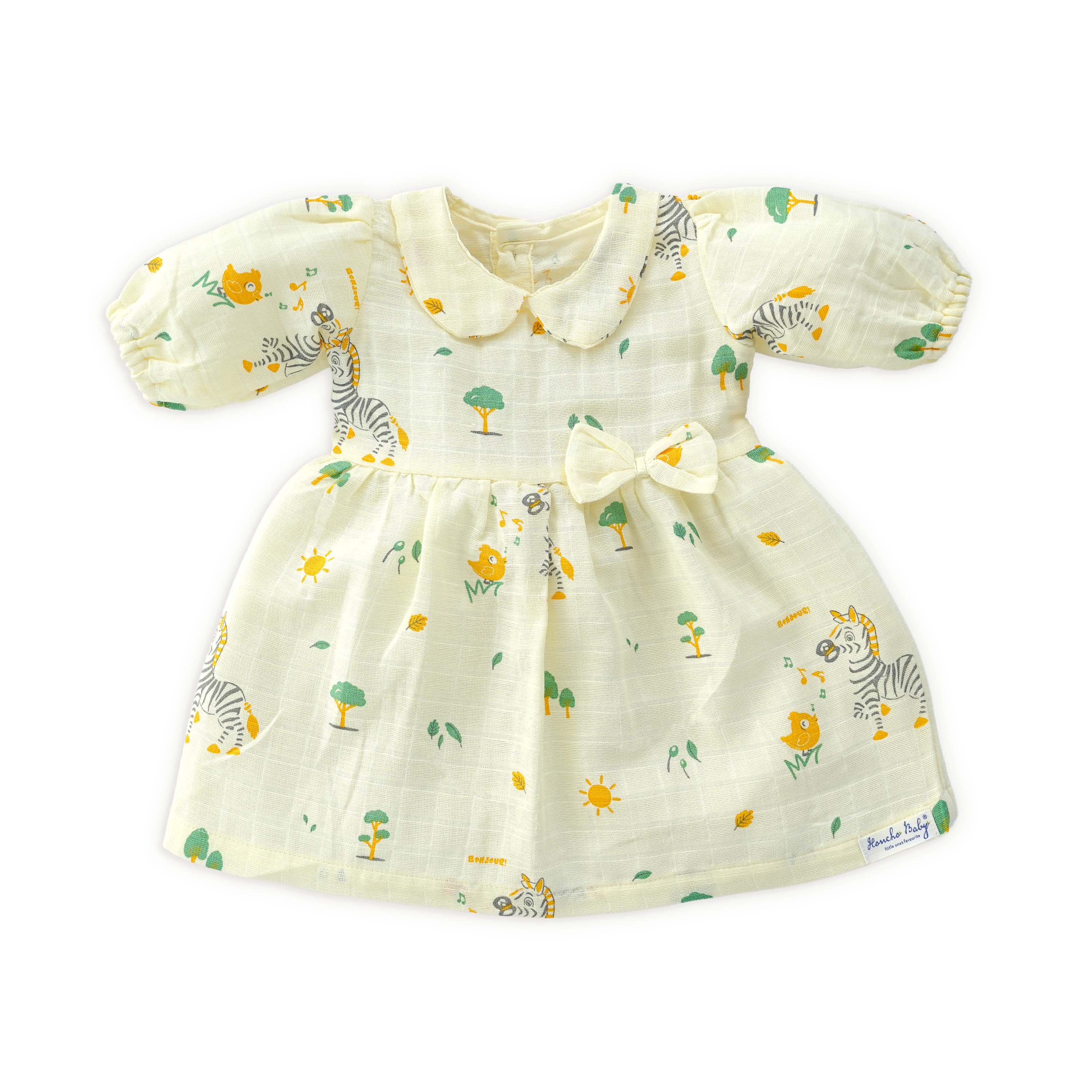 Zebra Tales - Half Sleeve Puff Muslin Cotton Frock with Bow (0m to 5 years)