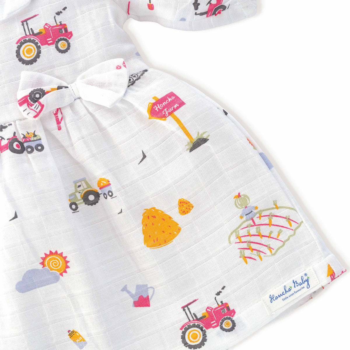Farmyard Fun - Half Sleeve Puff Muslin Cotton Frock with Bow (0m to 5 years)