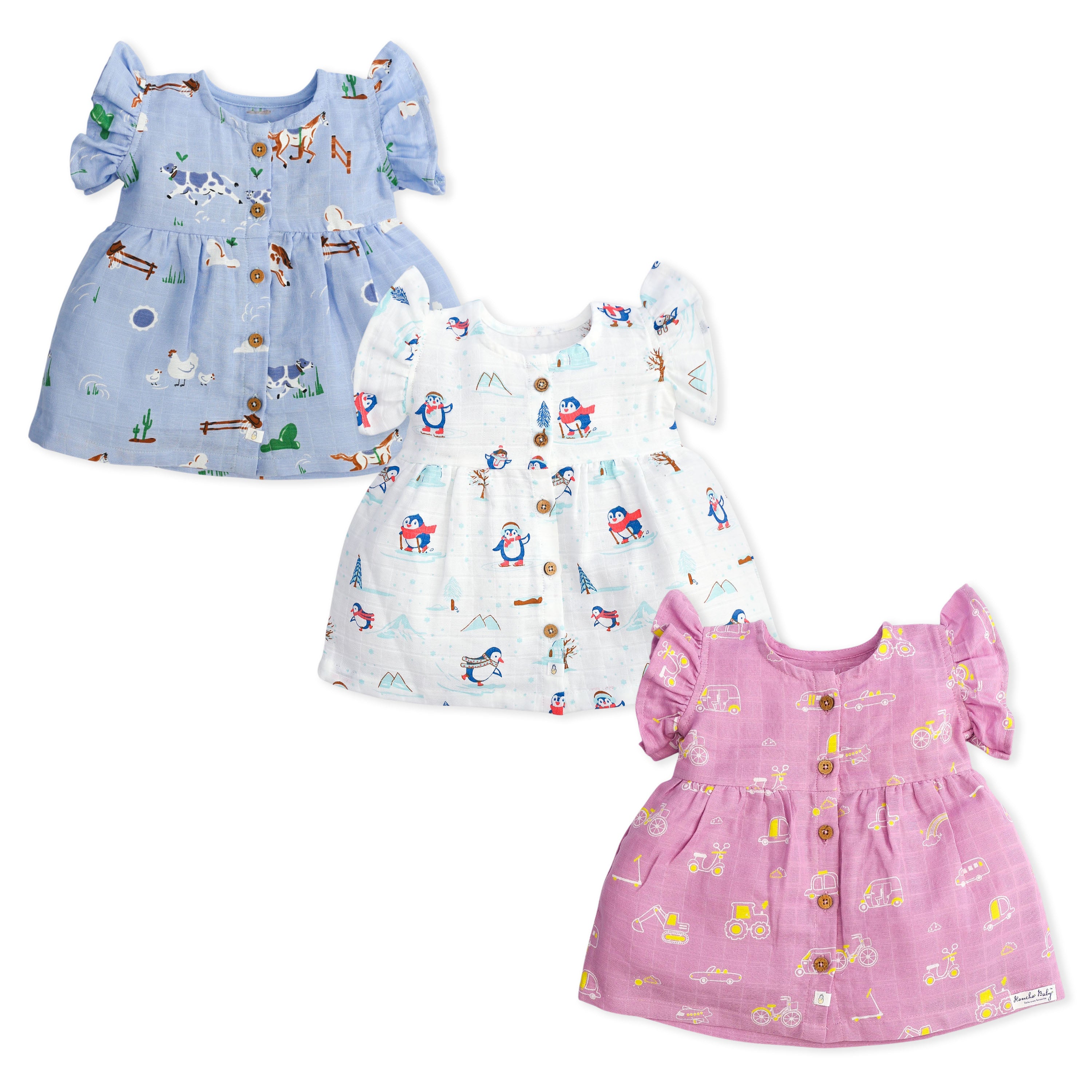 Frill  Muslin Cotton Frock Pack of 3 for Girls (0-3  Months)