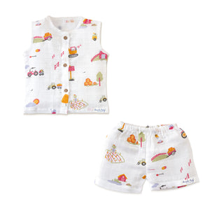 Muslin Cotton Sleeveless Top & Shorts for Babies & Toddlers (Newborn–5 Years) - Farmyard Fun